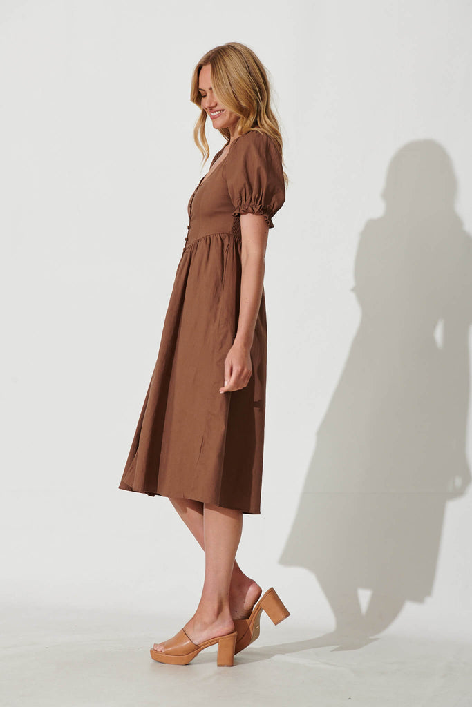 Carter Midi Dress In Chocolate Linen Cotton Blend - side