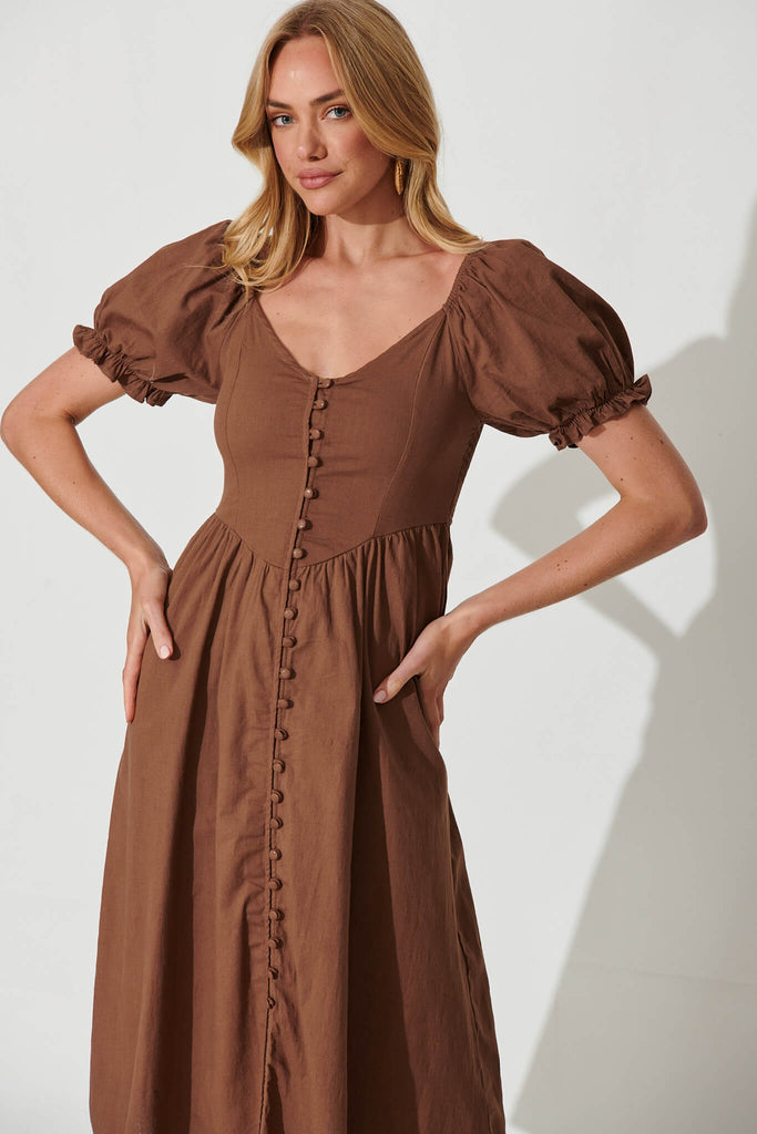 Carter Midi Dress In Chocolate Linen Cotton Blend - front