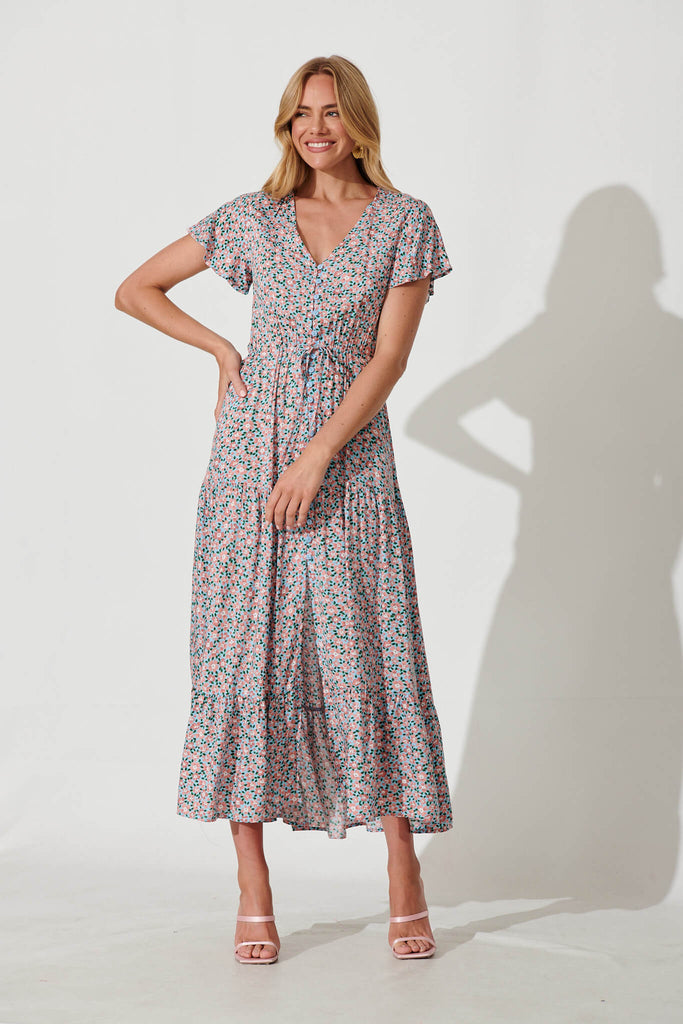 Clairie Maxi Dress In Sky Blue With Pink Ditsy Print - full length