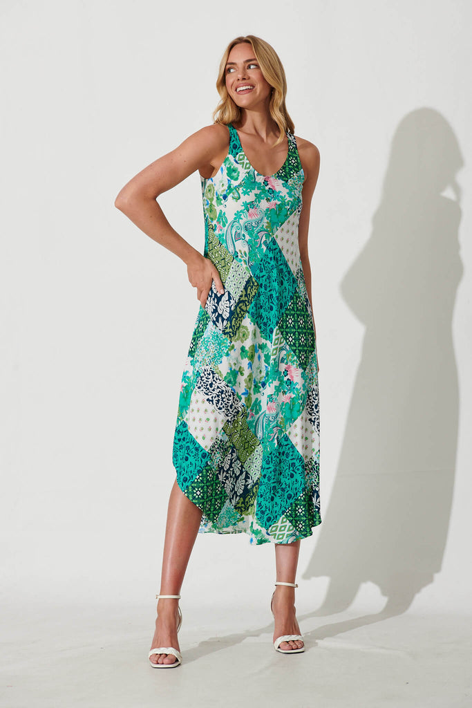 Two Of Us Midi Dress In Multi Green Patchwork - full length