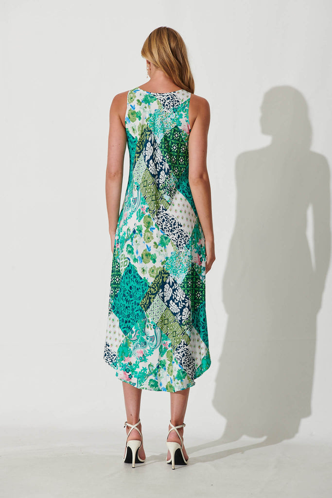 Two Of Us Midi Dress In Multi Green Patchwork - back