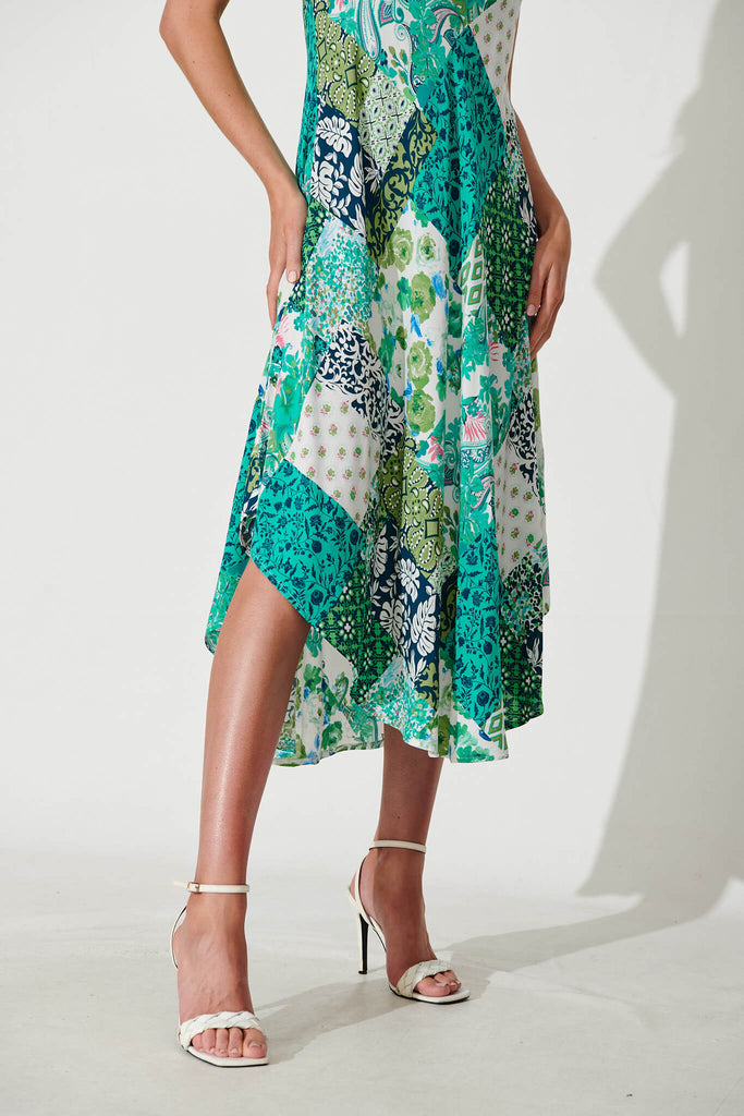 Two Of Us Midi Dress In Multi Green Patchwork - detail