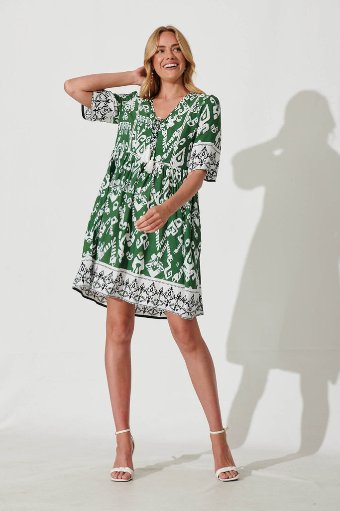 Shake It Out Dress In Green And Cream Aztec Print - full length