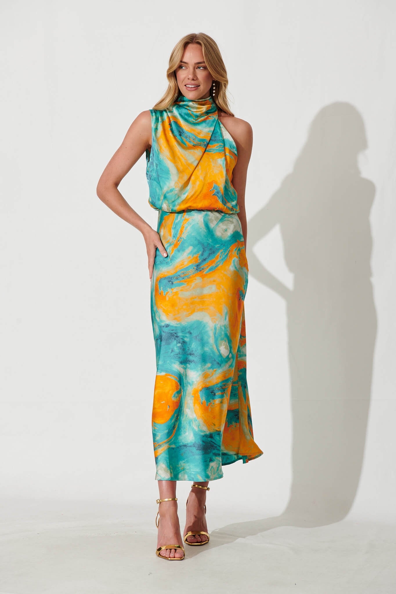 Visions Maxi Dress In Aqua With Orange Watercolour Satin - full length