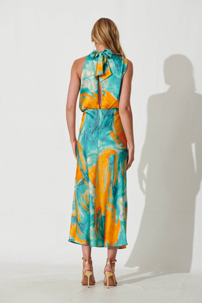 Visions Maxi Dress In Aqua With Orange Watercolour Satin - back