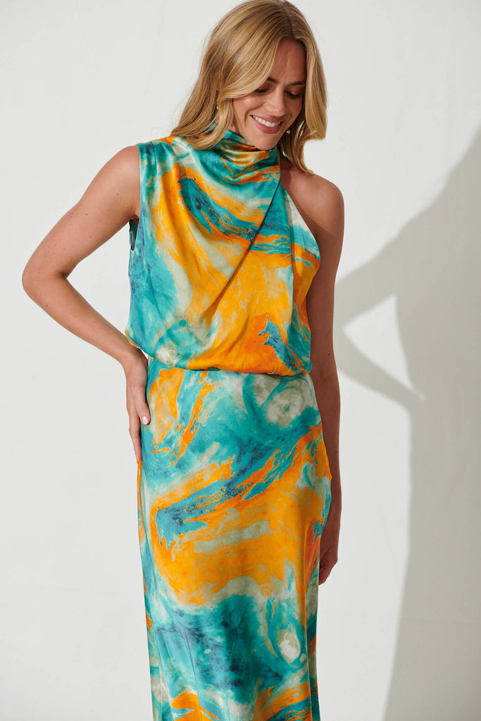 Visions Maxi Dress In Aqua With Orange Watercolour Satin - front