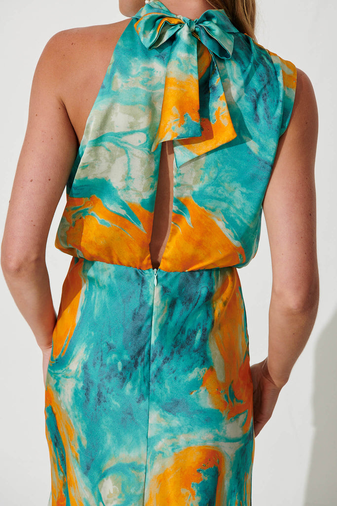 Visions Maxi Dress In Aqua With Orange Watercolour Satin - detail