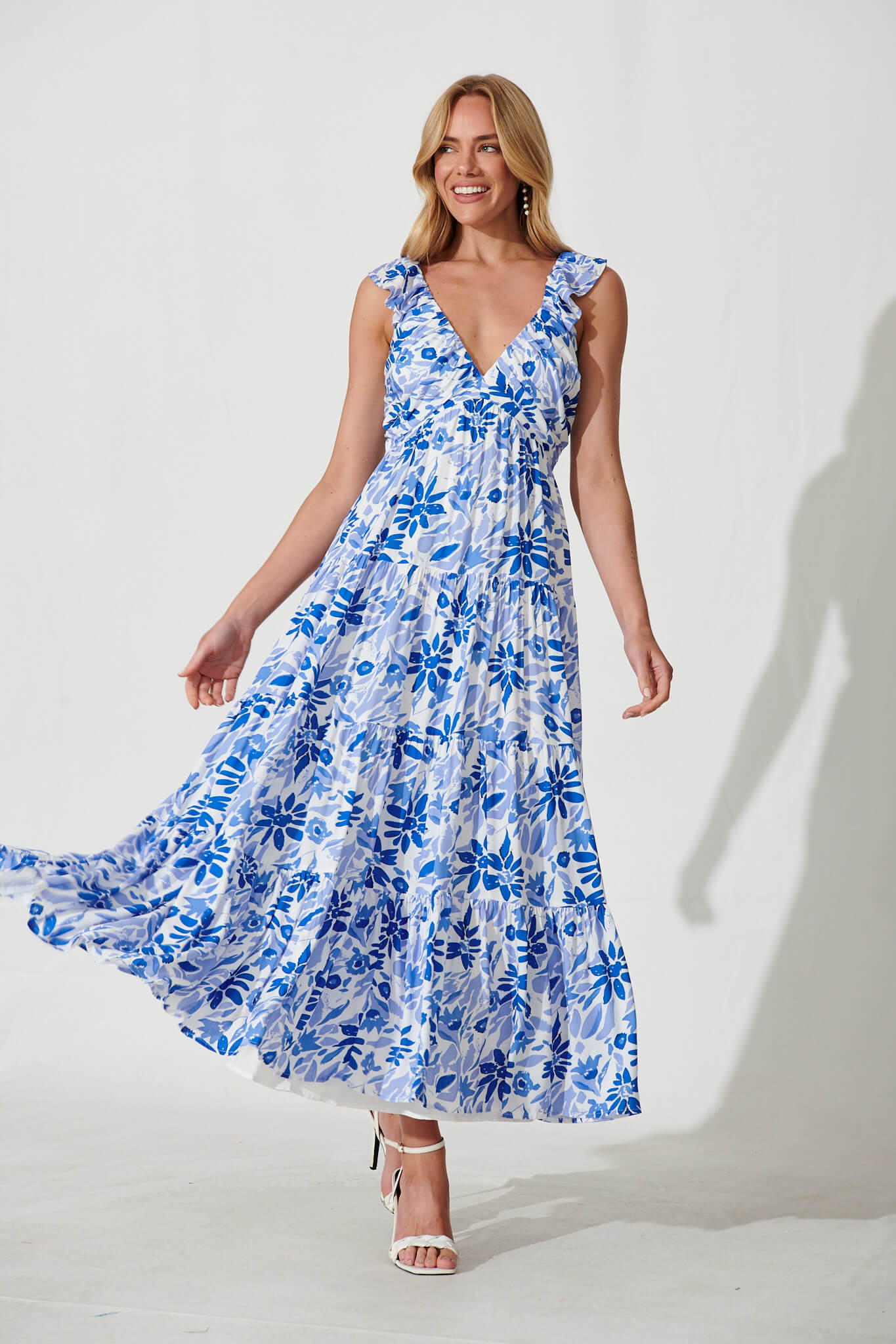 Monroe Maxi Sundress In Blue Floral - full length