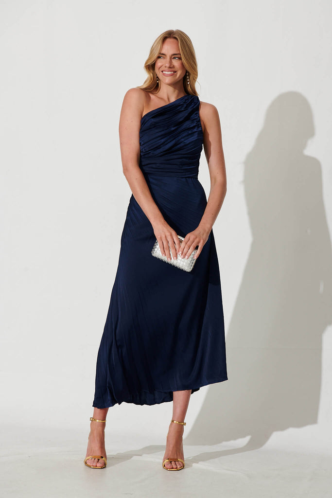 Toulon One Shoulder Maxi Dress In Navy - full length