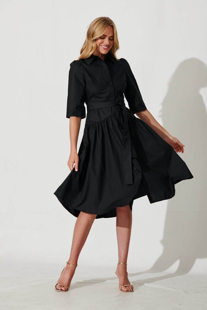 Marie Midi Shirt Dress In Black Cotton Blend - full length