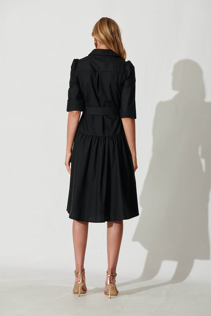 Marie Midi Shirt Dress In Black Cotton Blend - back