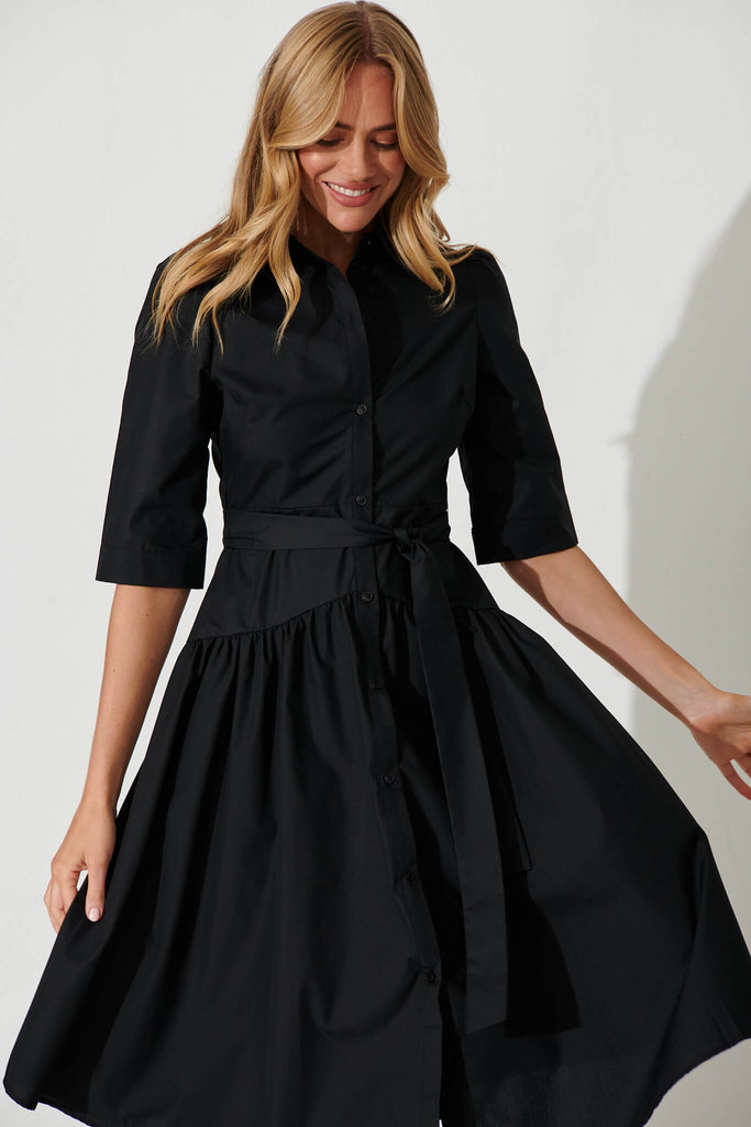 Marie Midi Shirt Dress In Black Cotton Blend - front