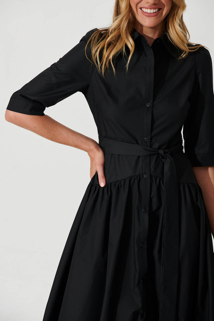 Marie Midi Shirt Dress In Black Cotton Blend - detail