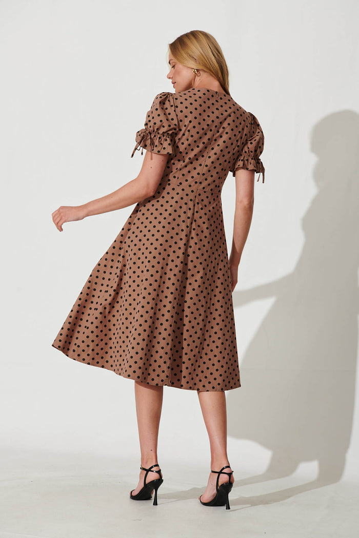 Sunrays Midi Dress In Chocolate With Black Spot Cotton - back