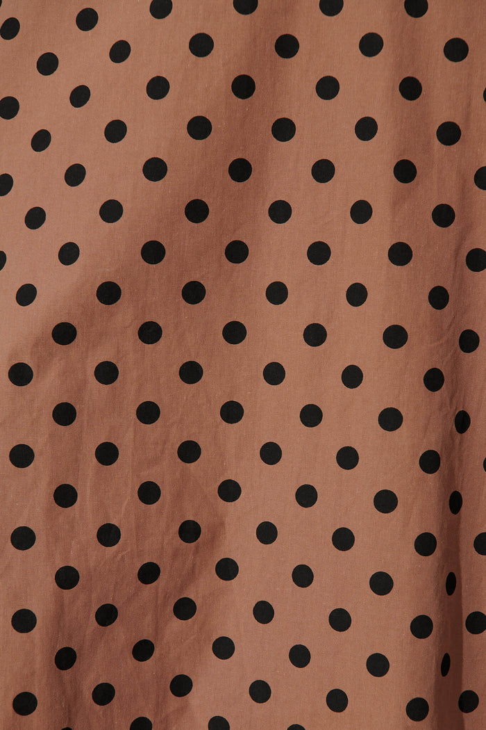 Sunrays Midi Dress In Chocolate With Black Spot Cotton - fabric
