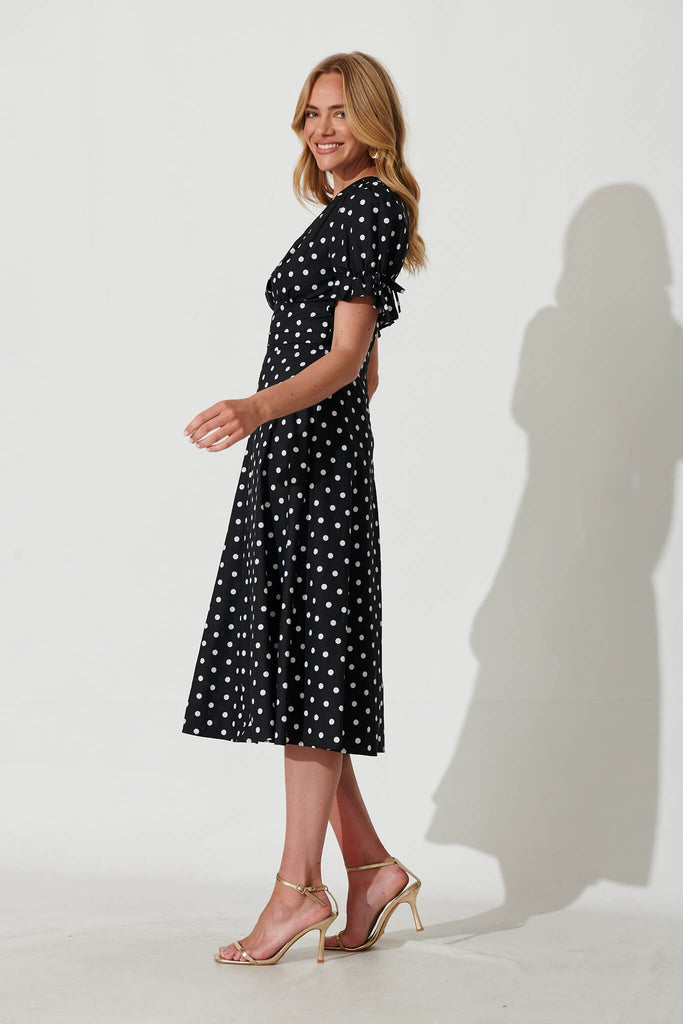 Sunrays Midi Dress In Black With White Spot Cotton - side