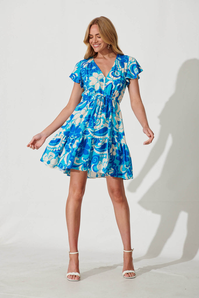 Jess Dress In Blue Flower Print - full length