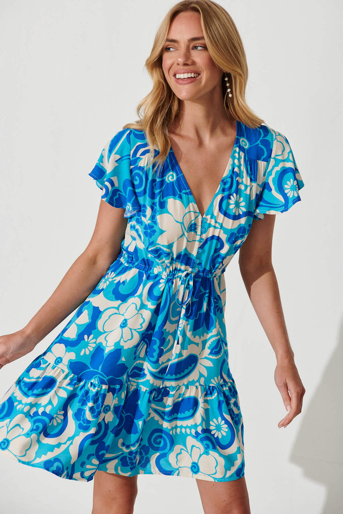 Jess Dress In Blue Flower Print - front