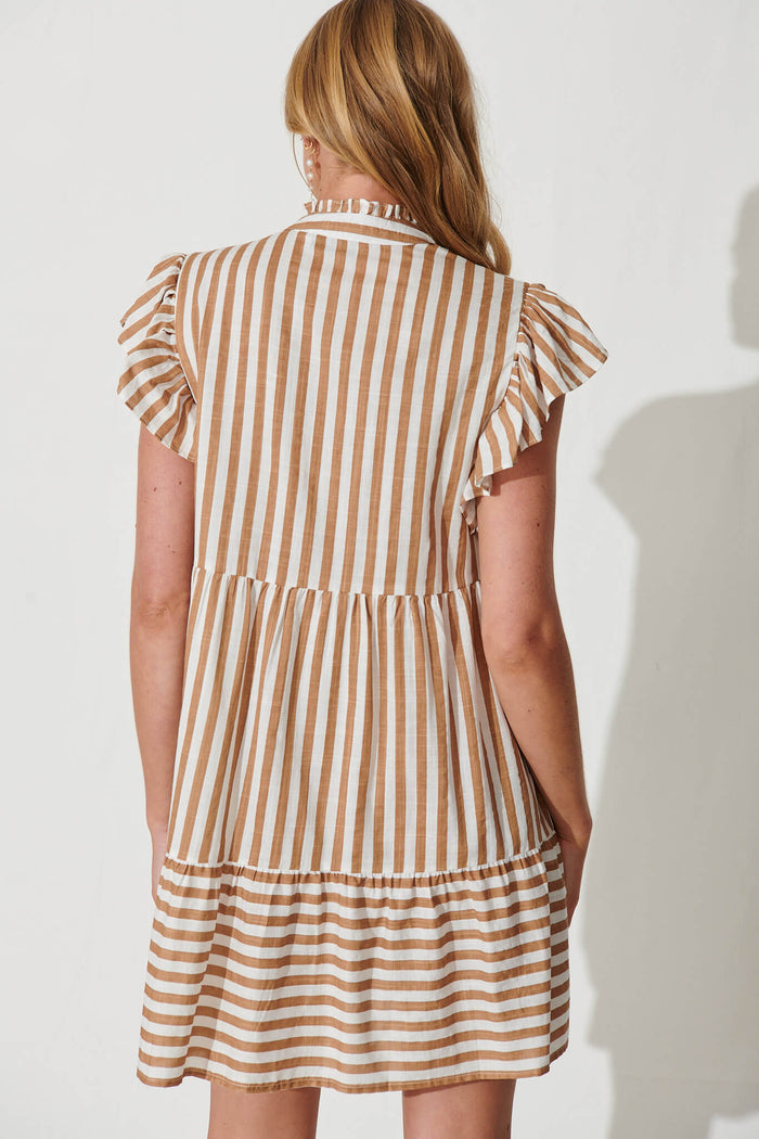 Julius Smock Dress In Tan With White Stripe Cotton Linen Blend - back