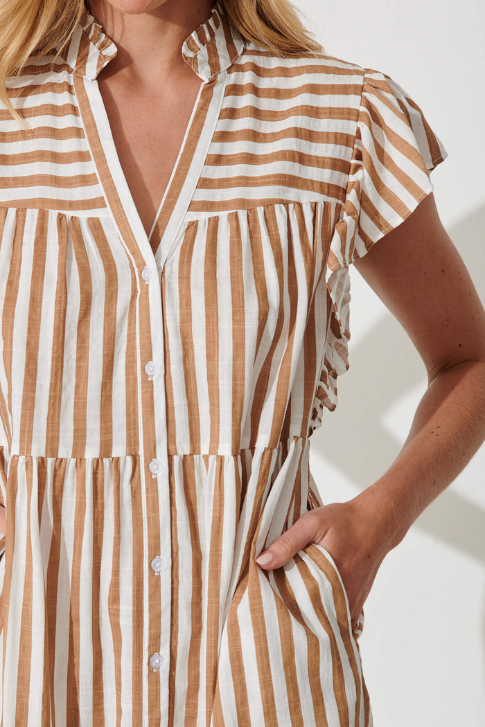 Julius Smock Dress In Tan With White Stripe Cotton Linen Blend - detail