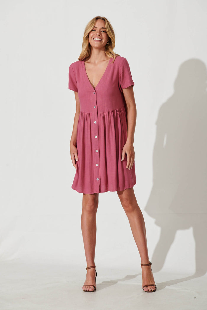 Horizon Smock Dress In Deep Rose Linen Blend - full length