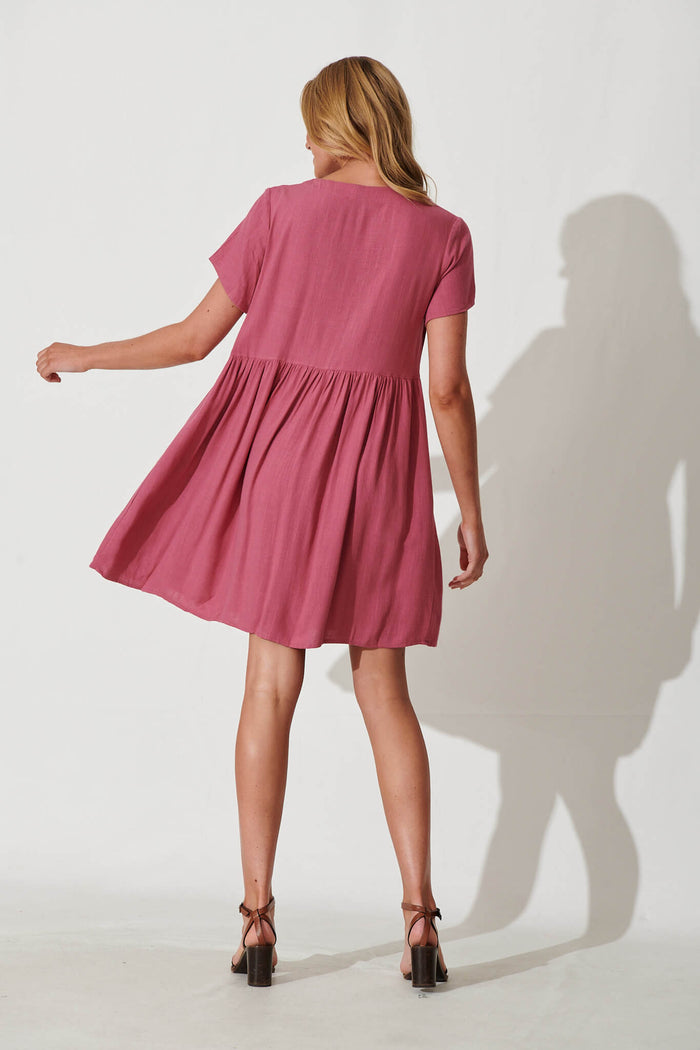 Horizon Smock Dress In Deep Rose Linen Blend - back
