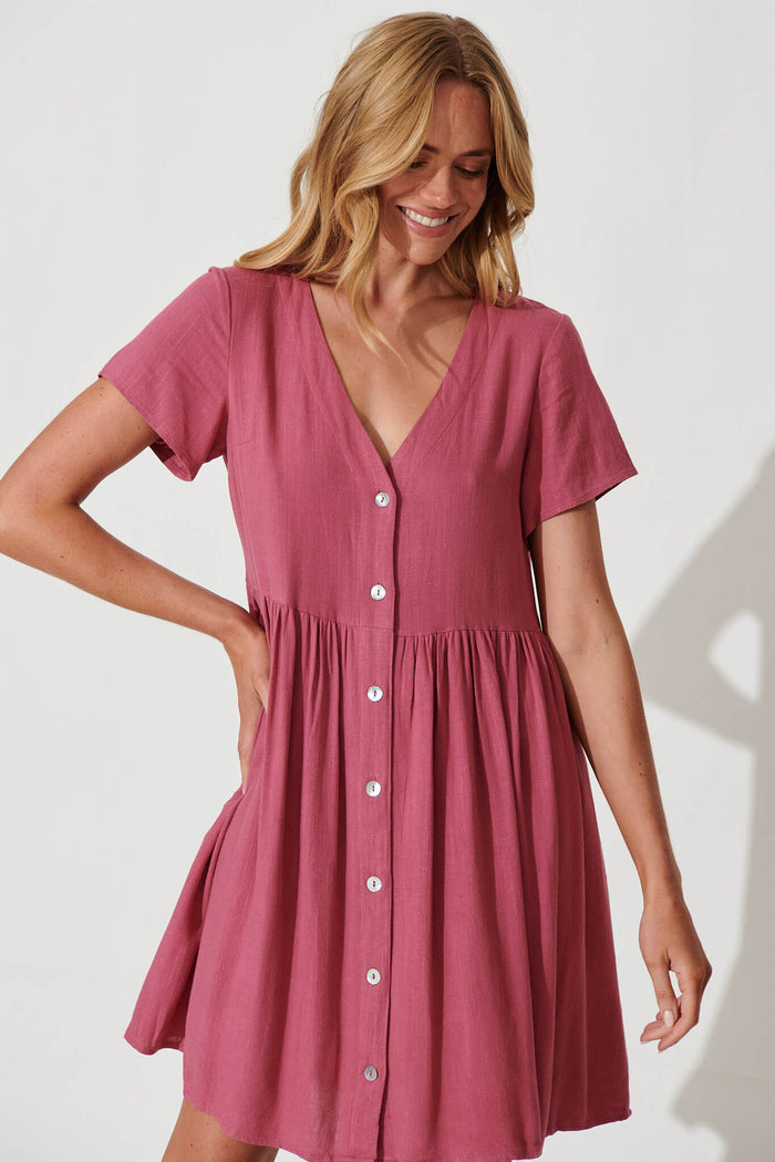 Horizon Smock Dress In Deep Rose Linen Blend - front