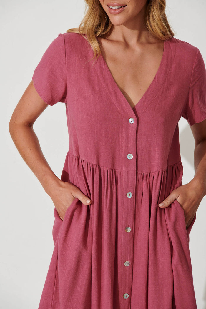 Horizon Smock Dress In Deep Rose Linen Blend - detail