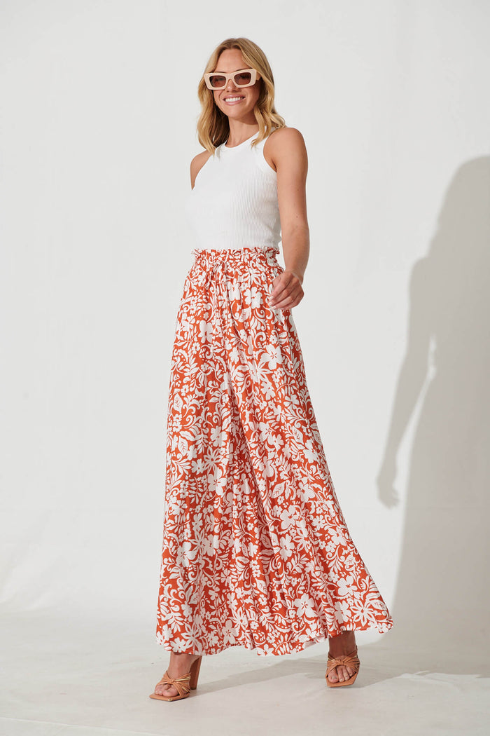 Mariah Pant In Rust With White Floral - full length