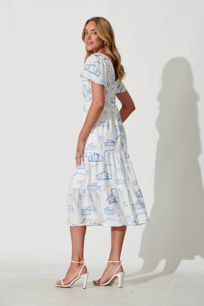 Memories Midi Dress In White With Blue Palm Print Linen Blend - side