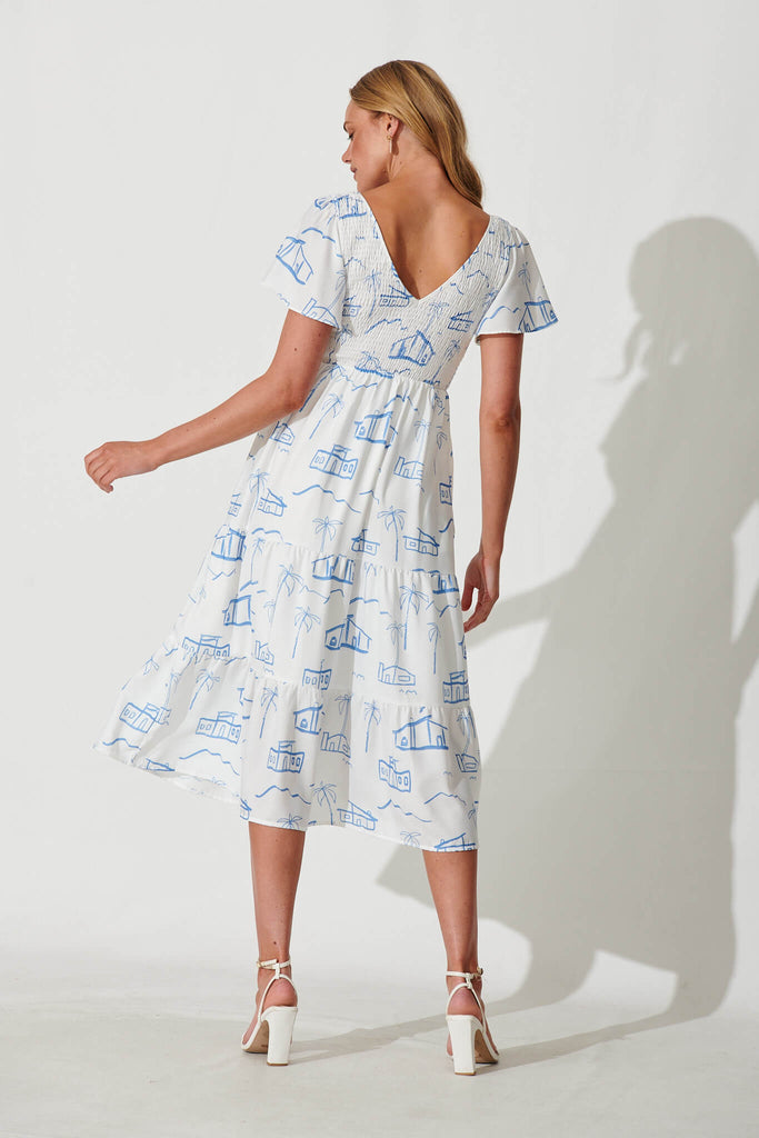 Memories Midi Dress In White With Blue Palm Print Linen Blend - back