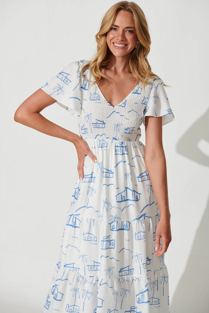 Memories Midi Dress In White With Blue Palm Print Linen Blend - front