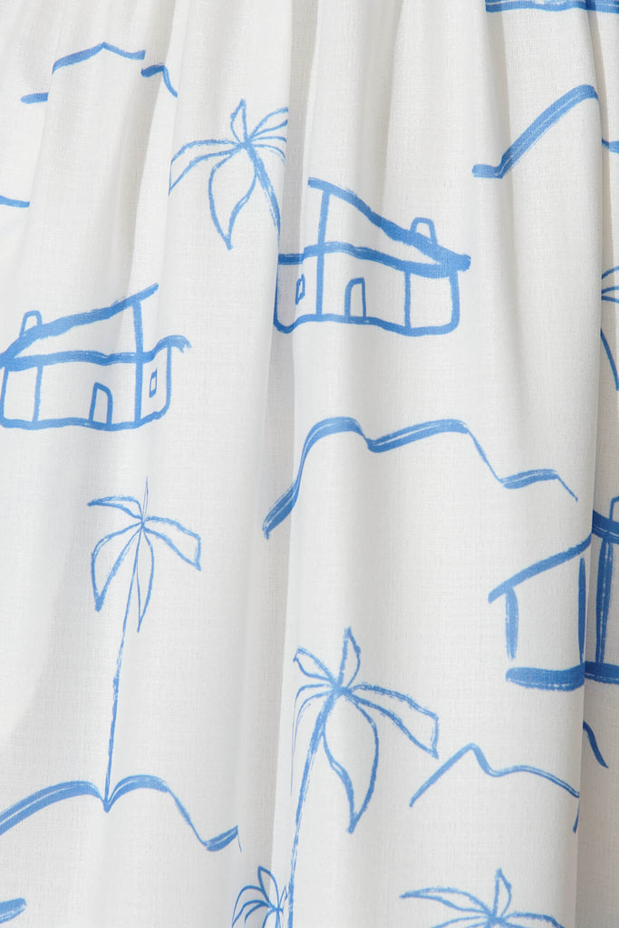 Memories Midi Dress In White With Blue Palm Print Linen Blend - fabric