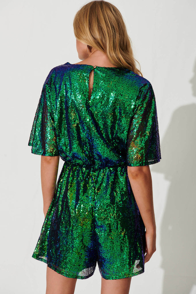 Fearless Playsuit In Green Sequin - back