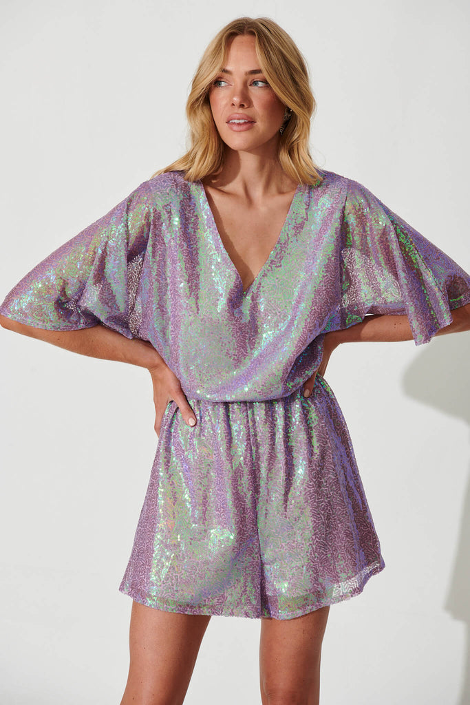 Fearless Playsuit In Iridescent Lilac Sequin - front