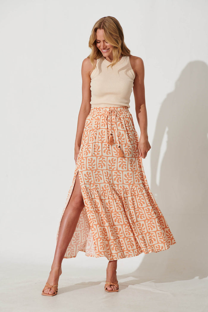 Bilboa Maxi Skirt In Tan With Cream Print - full length