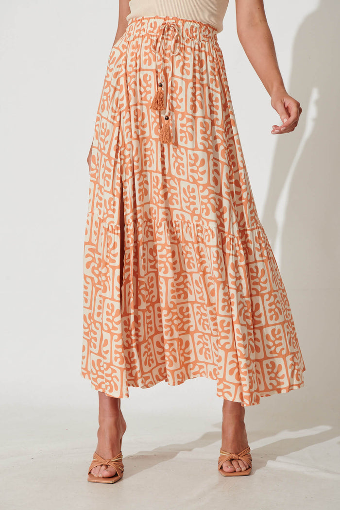 Bilboa Maxi Skirt In Tan With Cream Print - front