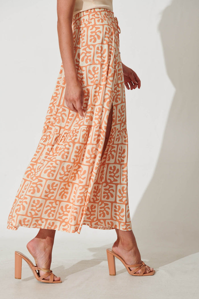 Bilboa Maxi Skirt In Tan With Cream Print - side