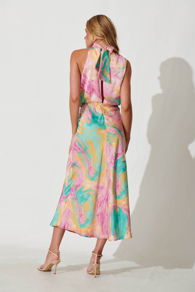Visions Maxi Dress In Pink With Aqua Watercolour Satin - back