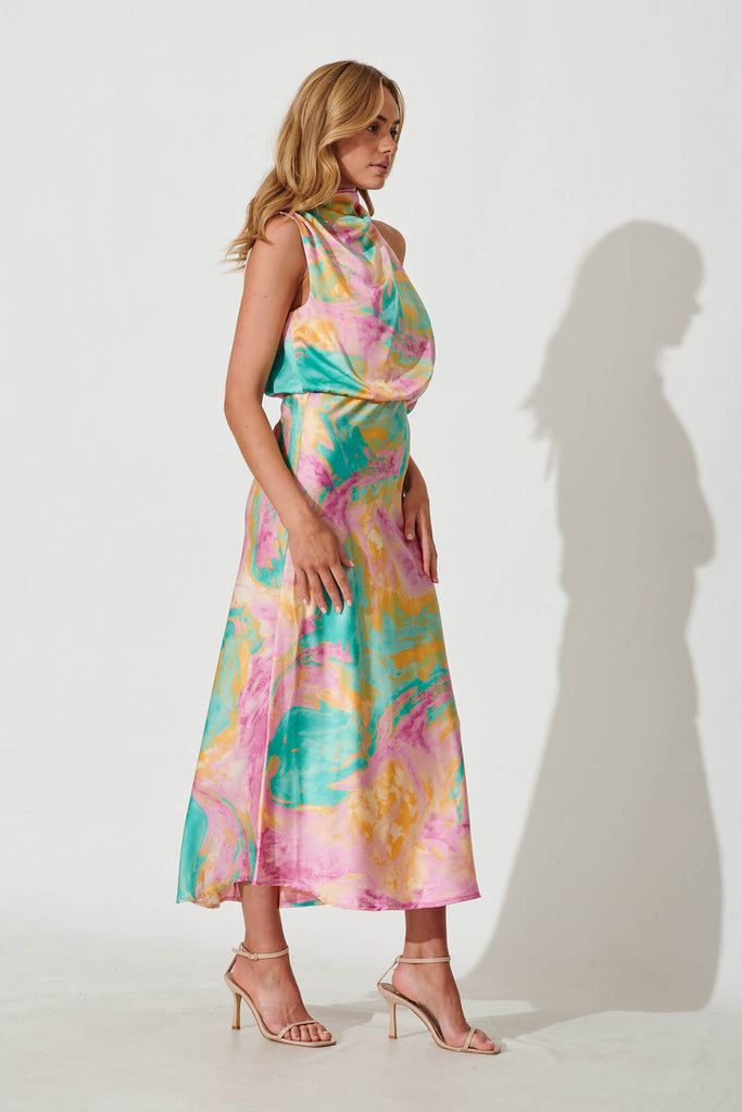 Visions Maxi Dress In Pink With Aqua Watercolour Satin - side