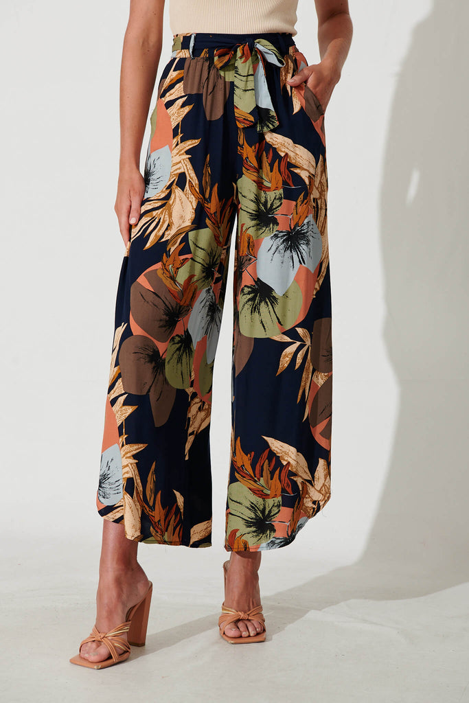 Evelyn Pant In Navy With Multi Leaf Print - front