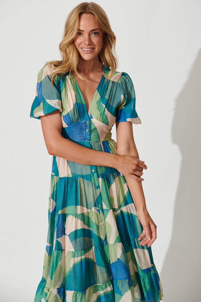 Modica Midi Dress In Blue Green Patchwork - front