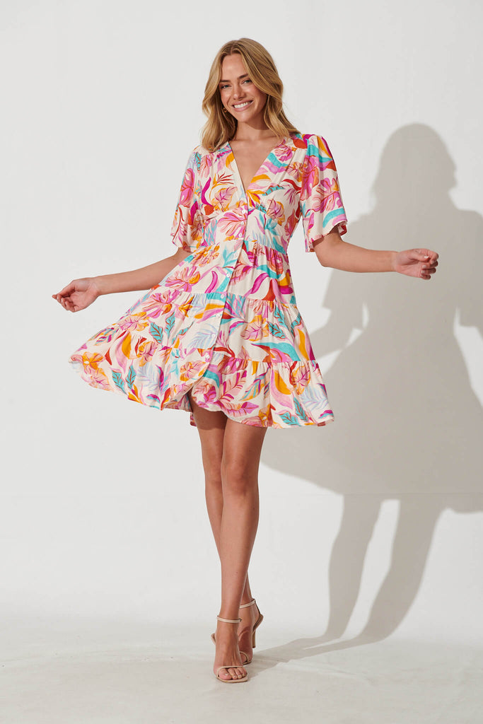 Ailish Dress In Bright Multi Leaf Print - full length