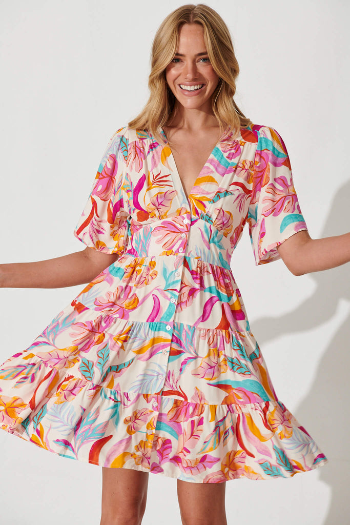Ailish Dress In Bright Multi Leaf Print - front