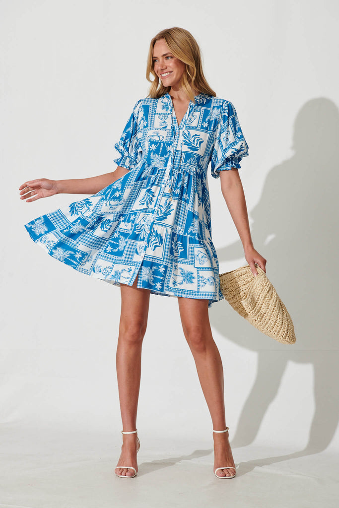 Santanna Smock Dress In Blue And White Patchwork - full length