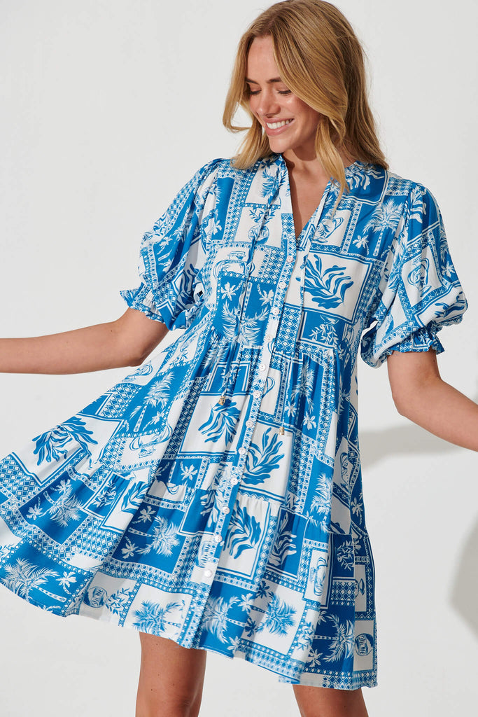 Santanna Smock Dress In Blue And White Patchwork - front