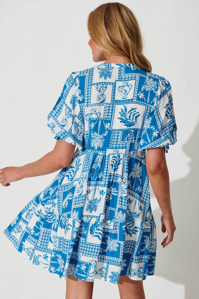 Santanna Smock Dress In Blue And White Patchwork - back