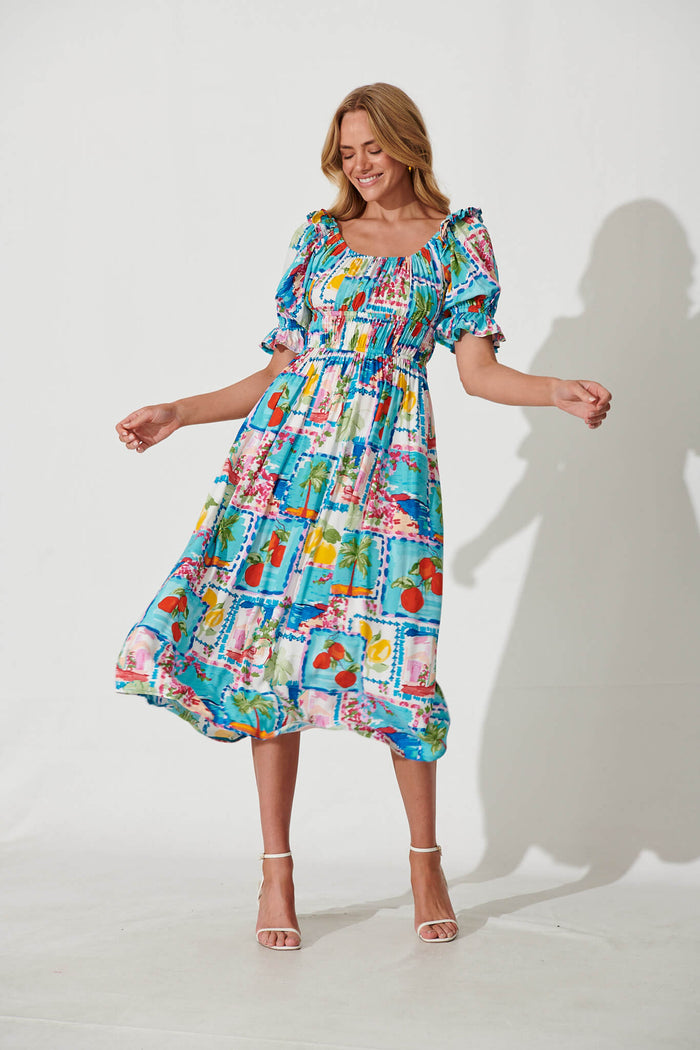 Truly Midi Dress In Patchwork Palm Print - full length