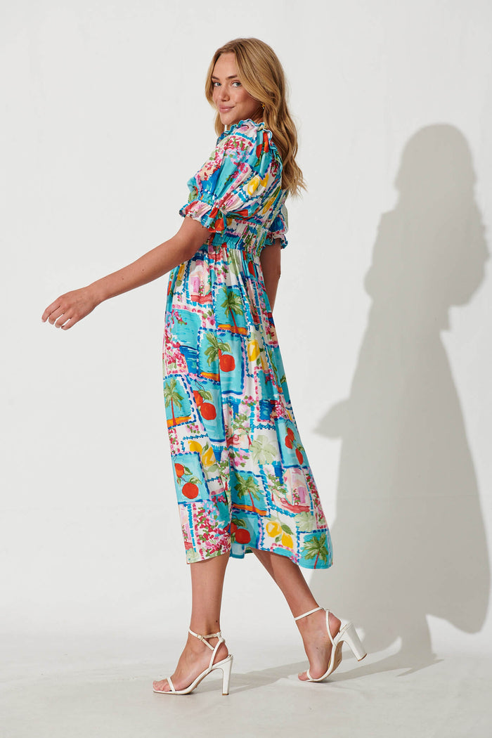 Truly Midi Dress In Patchwork Palm Print - side