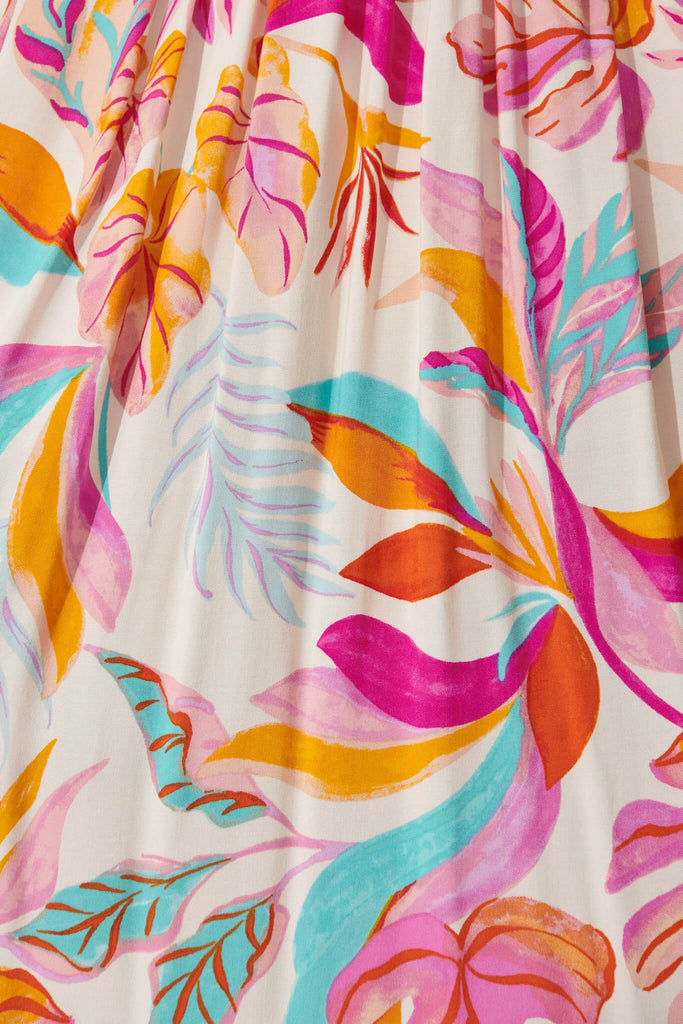 Truly Midi Dress In Bright Multi Leaf Print - fabric
